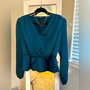 Satin Long Sleeve Faux Wrap Peplum Top by Express
